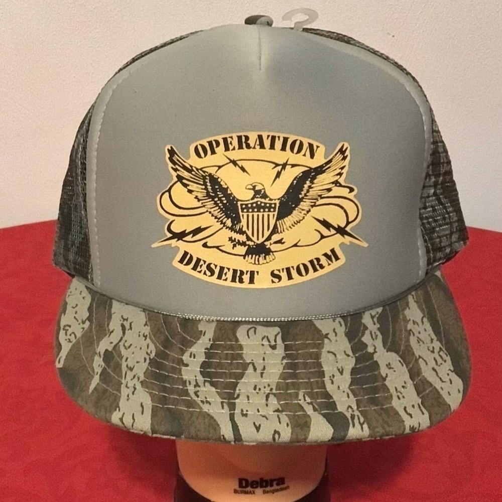 VINTAGE 90s Operation Desert Storm Camo Foam/Mesh Trucker Hat Snapback Deadstock - Picture 2 of 5